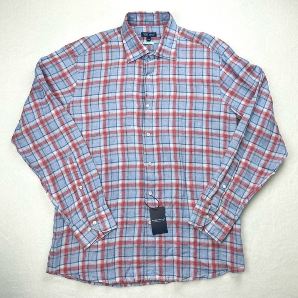 Peter Millar Men’s Large Crown Crafted 100% Linen Plaid Button Up L/S Shirt NWT